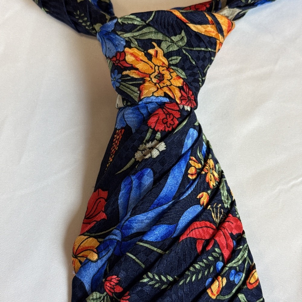 BURDI Chicago Men's Silk XL Necktie ITALY Designer Floral Red/Blue/Gold EUC